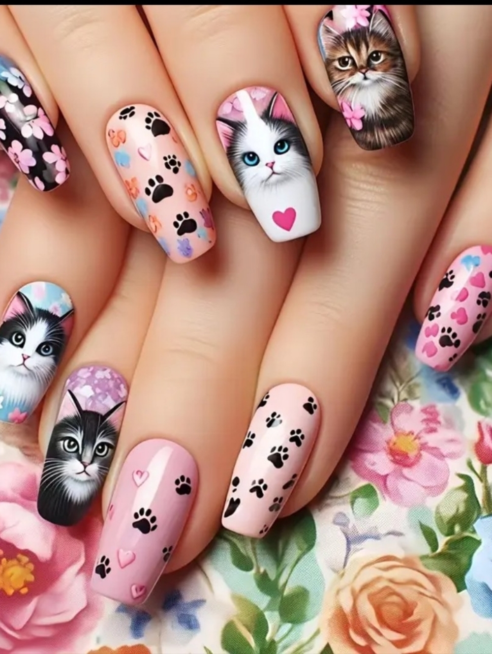 24PCS Kawaii Cat Press On Nails Medium Length Pink Paw Print Floral Nail Set